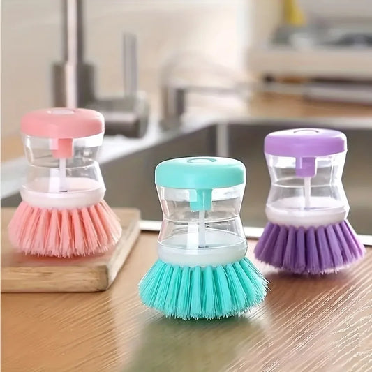 1Pc Press-Type Liquid Dishwashing Brush - Kitchen Pot Cleaning Brush, Portable for Outdoor Camping & Picnic Utensils
